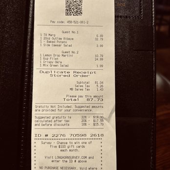 LongHorn Steakhouse - Bill for 2.  With tip $100+ - Steakhouses Near Me - Manor, Texas