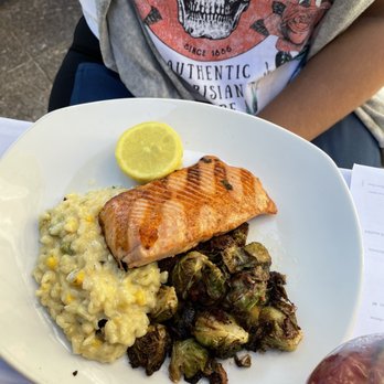 Atlantic Fish - Wild Salmon Pan-Roasted Brussel Sprouts with Bacon Vegetable Risotto - Seafood Near Me - Boston, Massachusetts Atlantic Fish - Wild Salmon Pan-Roasted Brussel Sprouts with Bacon Vegetable Risotto - Seafood Near Me - Boston, Massachusetts