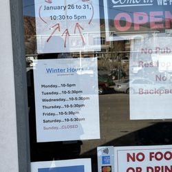 Cedar Rock & Bead Shop - January 2026 Winter Hours notices and other on door signage