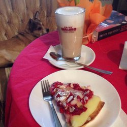 Przystanek Miłość - Latte z syropem migdałowym (12 zł) + tarta budyniowa z malinami (11 zł)  ... czworonożny rezydentka Sully w tle ;)