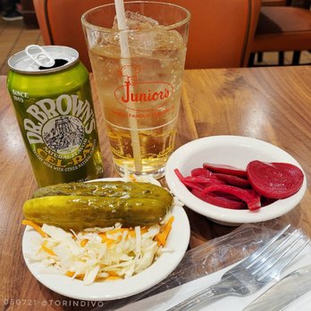 Junior's Restaurant - Dr. Brown's Cel-Ray soda, along with the clear Cole Slaw (no mayo in this recipe), and pickles beets... all included with the meal! - Bakeries Near Me - Brooklyn, New York