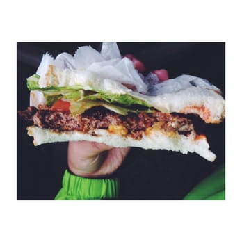 Blue & White Carry-out - hamburger steak w/ lettuce, tomato, cheese & extra hot sauce - Southern Near Me - Alexandria, Virginia Blue & White Carry-out - hamburger steak w/ lettuce, tomato, cheese & extra hot sauce - Southern Near Me - Alexandria, Virginia