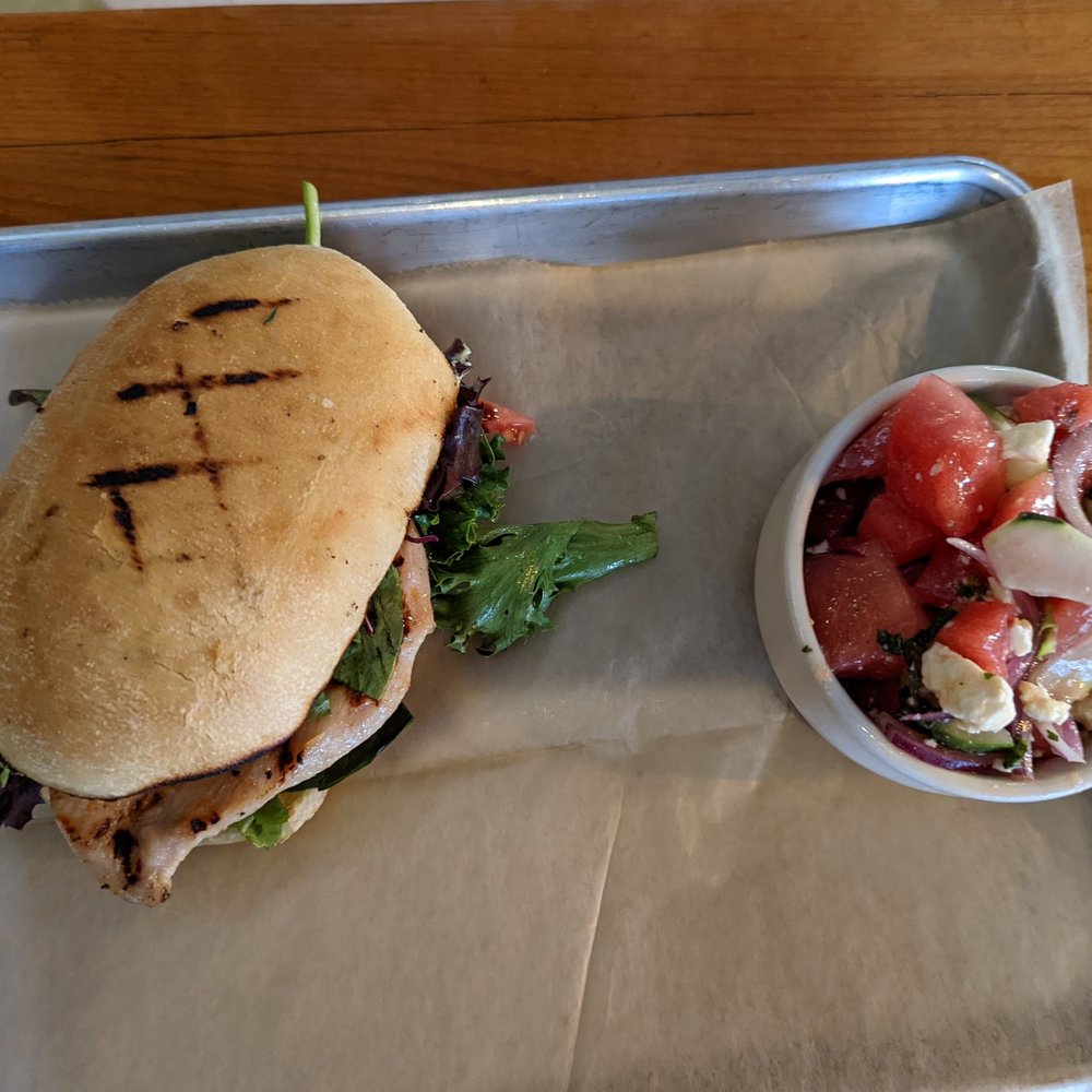 BakeChop - Chicken sandwich with watermelon and feta cheese salad - Coffee & Tea Near Me - Deland, Florida BakeChop - Chicken sandwich with watermelon and feta cheese salad - Coffee & Tea Near Me - Deland, Florida