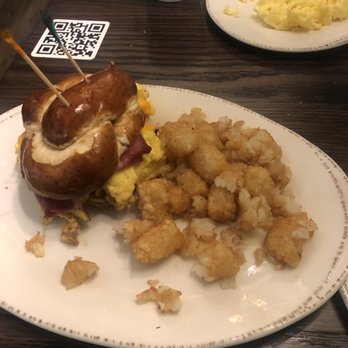 Syrup Downtown - Pretzel bun with Turkey bacon, egg and cheese. - Breakfast & Brunch Near Me - Denver, Colorado