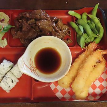Jono's Simple Japanese - Eastvale - Bento box that came with a bowl of rice, edamame & side salad. 3 dishes were beef, shrimp & California rolls. - Sushi Bars Near Me - Eastvale, California Jono's Simple Japanese - Eastvale - Bento box that came with a bowl of rice, edamame & side salad. 3 dishes were beef, shrimp & California rolls. - Sushi Bars Near Me - Eastvale, California