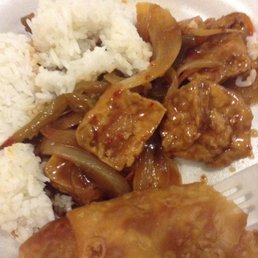 White Rice and Szechuan Style Bean Curd/ $6.95 and 2 shrimp Egg/$5. Tofu Fried to perfection!