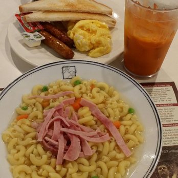 Arcadia Garden Cafe - Ham & Mac Soup with Sausages, Scrambled eggs and Toast with Butter & Strawberry Jam, yummy! Typical Hong Kong hotel breakfast meal. - Chinese Near Me - Arcadia, California Arcadia Garden Cafe - Ham & Mac Soup with Sausages, Scrambled eggs and Toast with Butter & Strawberry Jam, yummy! Typical Hong Kong hotel breakfast meal. - Chinese Near Me - Arcadia, California