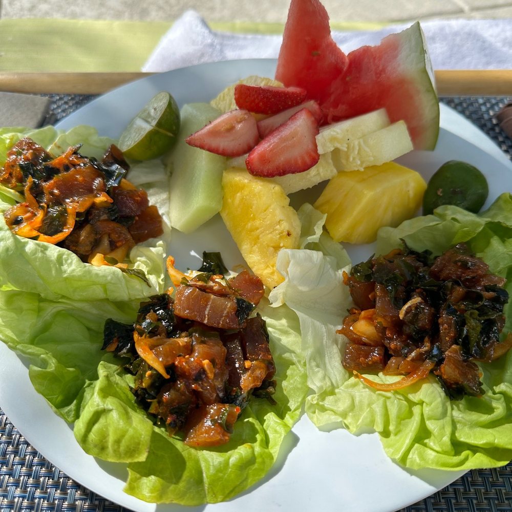 Spa Cafe - Ahi poke "tacos" with a side of fruit - New American Near Me - Ojai, California Spa Cafe - Ahi poke "tacos" with a side of fruit - New American Near Me - Ojai, California