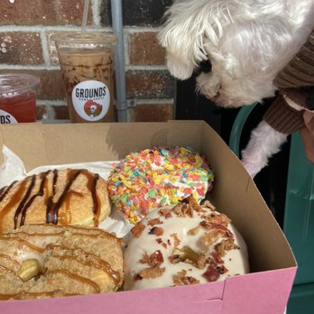 Grounds Donut House - churro (top left) fruity pebbles (top right) maple bacon (bottom right) and coffee cake (bottom left). They're about the size of your hand. - Donuts Near Me - Danbury, Connecticut Grounds Donut House - churro (top left) fruity pebbles (top right) maple bacon (bottom right) and coffee cake (bottom left). They're about the size of your hand. - Donuts Near Me - Danbury, Connecticut