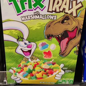 Target - A cereal box of Trix with Jurassic World branding, showing a cartoon rabbit and a T-Rex, with colorful marshmallow shapes. - Department Stores Near Me - Lone Tree, Colorado