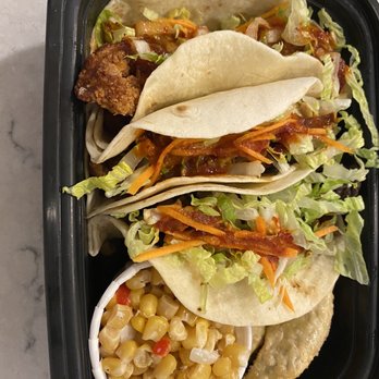 Blossom Tree - Taco Plate. From top to bottom, Crispy Chicken Taco, Beef Taco, Grilled Chicken Taco, Corn Salad, and Dumplings. - Korean Near Me - Atlanta, Georgia Blossom Tree - Taco Plate. From top to bottom, Crispy Chicken Taco, Beef Taco, Grilled Chicken Taco, Corn Salad, and Dumplings. - Korean Near Me - Atlanta, Georgia