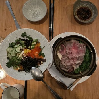 Shalom Japan - entrees: lox bowl (left), A5 miyazaki beef hot pot (right) - Japanese Near Me - Brooklyn, New York Shalom Japan - entrees: lox bowl (left), A5 miyazaki beef hot pot (right) - Japanese Near Me - Brooklyn, New York