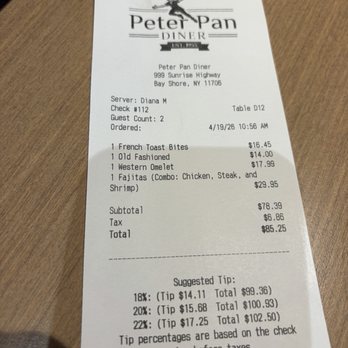 Peter Pan Diner - Receipt - American Near Me - Bay Shore, New York