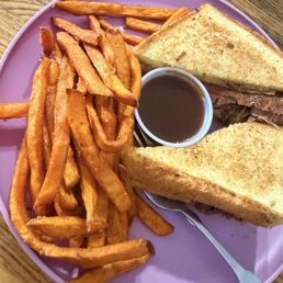 Sweet potato fries, BBQ sauce and the brisket grilled cheese Sweet potato fries, BBQ sauce and the brisket grilled cheese
