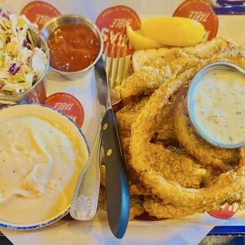 Mia's Table - Fried Mississippi Catfish with creamy whipped potatoes, coleslaw, Texas toast, and onion rings. - Southern Near Me - Cypress, Texas