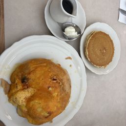 Vegetarian omelet and buttermilk pancakes.