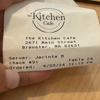 The Kitchen Cafe - Address of Cafe and our wonderful server's name, Jacinta . Say hi!! Great recommendation - Breakfast & Brunch Near Me - Brewster, Massachusetts