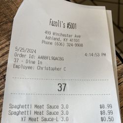 Fazoli's - Recipe showing where I ordered extra meat sauce for my spaghetti