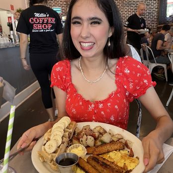 Millie's Cafe - Pasadena - Vegan monkey waffles with vegan bacon, potatoes, and plantbased egg - Breakfast & Brunch Near Me - Pasadena, California Millie's Cafe - Pasadena - Vegan monkey waffles with vegan bacon, potatoes, and plantbased egg - Breakfast & Brunch Near Me - Pasadena, California