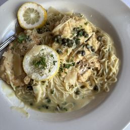 Chicken Franciase (angel hair pasta with tender chicken in a lemon caper sauce)