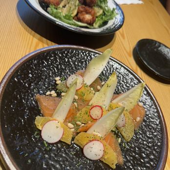Tendon Kohaku - chicken karaage and salmon carpaccio - Japanese Near Me - Bellevue, Washington Tendon Kohaku - chicken karaage and salmon carpaccio - Japanese Near Me - Bellevue, Washington
