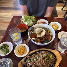Beef bulgogi and spicy pork rice bowl