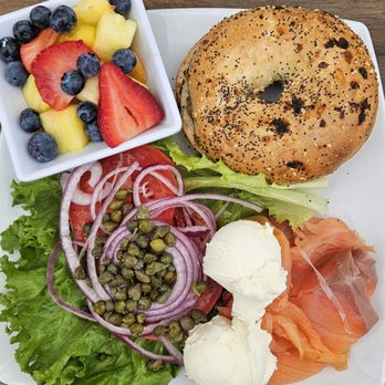Caroline's Seaside Cafe by Giuseppe - Prime Smoked Salmon Presentation with Everything Bagel - Cafes Near Me - La Jolla, California