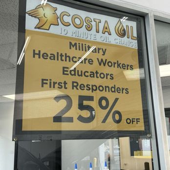 Costa Oil - 25% off for educators, first responders, healthcare and military! - Oil Change Stations Near Me - Palm Harbor, Florida Costa Oil - 25% off for educators, first responders, healthcare and military! - Oil Change Stations Near Me - Palm Harbor, Florida