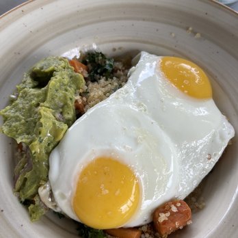 Crazy About You - Sweet potato, quinoa, kale, fried egg, and guacamole bowl - Mediterranean Near Me - Miami, Florida Crazy About You - Sweet potato, quinoa, kale, fried egg, and guacamole bowl - Mediterranean Near Me - Miami, Florida
