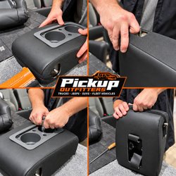 Pickup Outfitters - Working on leather upholstery at Pickup Outfitters. Professional installation and attention to detail.