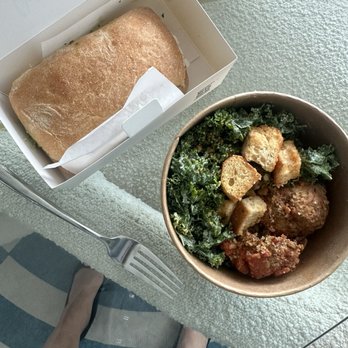 Meat & Bread - Large Kale Caesar Salad and chicken salad sandwich w/fork for scale. $36 of food. - Sandwiches Near Me - Austin, Texas