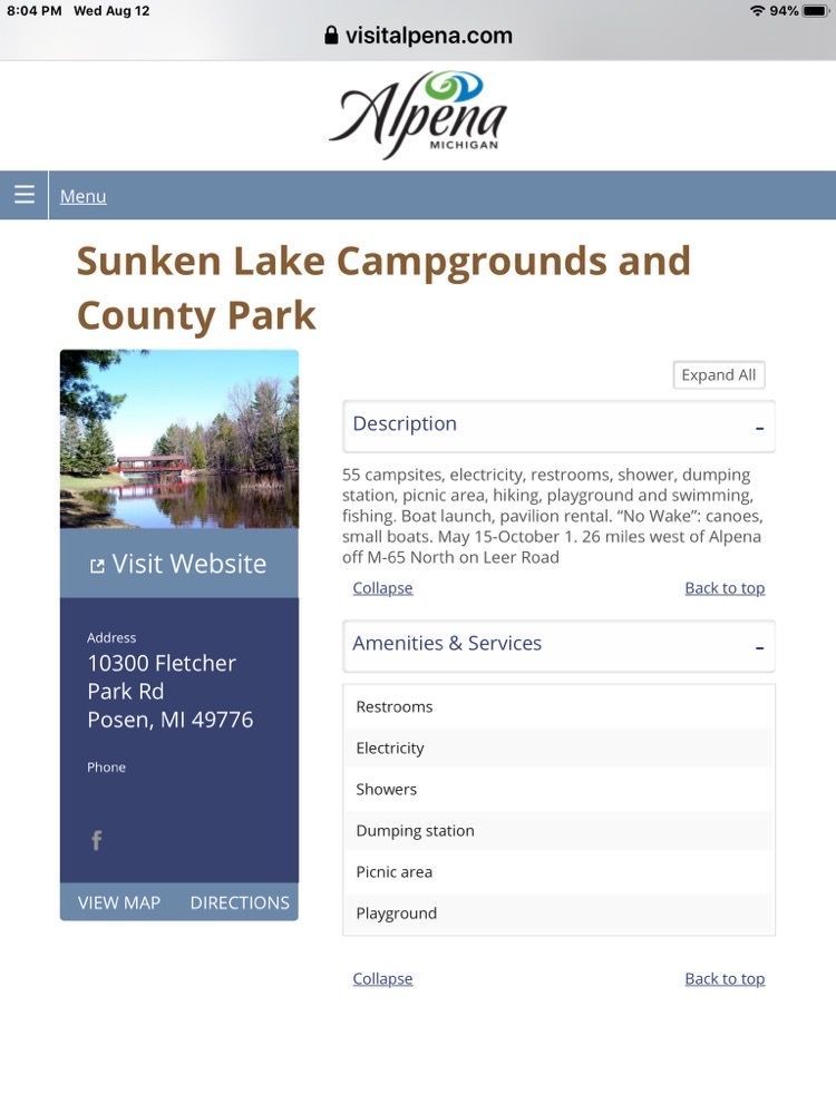 SUNKEN LAKE PARK OFFICE 10300 S Leer Rd, Posen, Michigan Parks