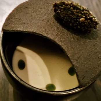 Athanor - 'Prosciutto Panna Cotta' - with fermented white asparagus and ramp oil topped with a tuile with tonburi - Diners Near Me - San Francisco, California