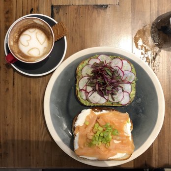 Layered - Layered Cappuccino, avocado toast with radish and microgreens, smoked salmon toast with cream cheese and scallions - Coffee & Tea Near Me - McKinney, Texas