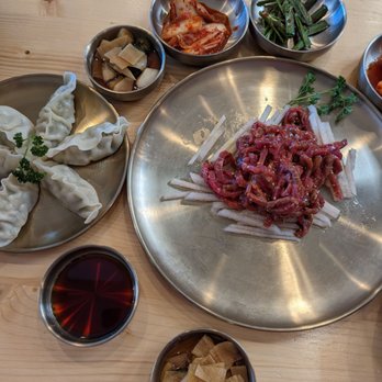 Han Sang - Banchan, fresh mandu and my favorite yukhoe [raw beef tartare on top of bed of Korean pear shreds] - Korean Near Me - Millbrae, California