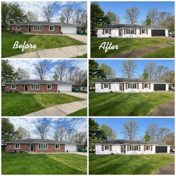 Precision Painting Group And Contracting - Before and after photos of our home.  The brick was stained, not painted. - The image features a six-panel collage with three pairs of photos of the same house taken at different times. The left column shows the house before renovation with a brick exterior, while the right column displays the house after it has been painted white with brown shutters. The top row presents the initial state and the final painted state, with the middle row showing a side view of the house before and after. The bottom row repeats the same comparison, emphasizing the transformation from brick to painted siding. The house is situated in a green yard with trees and a sidewalk in the background. - Painters Near Me