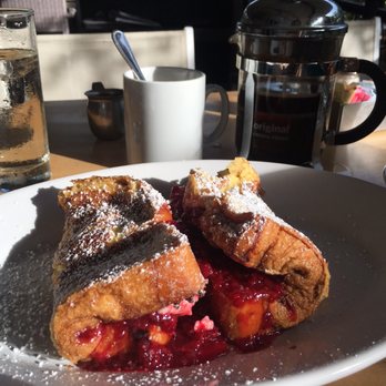 Morgans Restaurant - Mascarpone &a raspberry stuffed French toast with French press coffee. - New American Near Me - Miami, Florida Morgans Restaurant - Mascarpone &a raspberry stuffed French toast with French press coffee. - New American Near Me - Miami, Florida