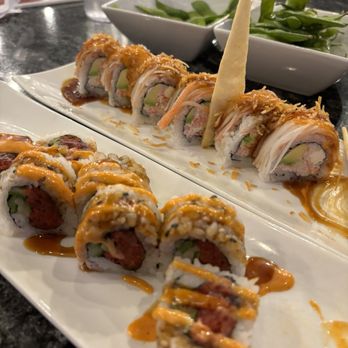 Blue Fin Sake Bar - Spicy Tuna Roll with spicy mayo and eel sauce on top and crab family roll - Sushi Bars Near Me - Wichita, Kansas