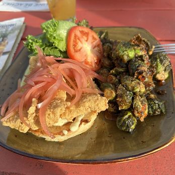 BeachFire Bar & Grille - Fried Haddock sandwich with fried brussels sprouts. - Barbeque Near Me - Ogunquit, Maine BeachFire Bar & Grille - Fried Haddock sandwich with fried brussels sprouts. - Barbeque Near Me - Ogunquit, Maine