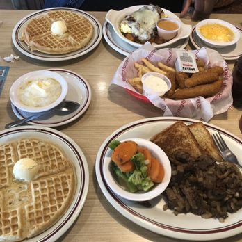 Huddle House - Free waffles on wednsday with purchase!!! Beef tip with vegetables, Breakfast Bowl with Bacon, appetizer sampler, grits and coffee. - Breakfast & Brunch Near Me - Virginia Beach, Virginia