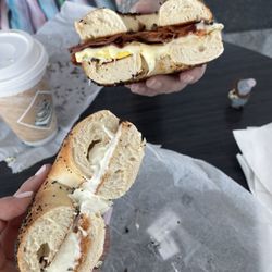Poppy Seed cream cheese bagel & fried "real" egg and bacon Onion bagel!