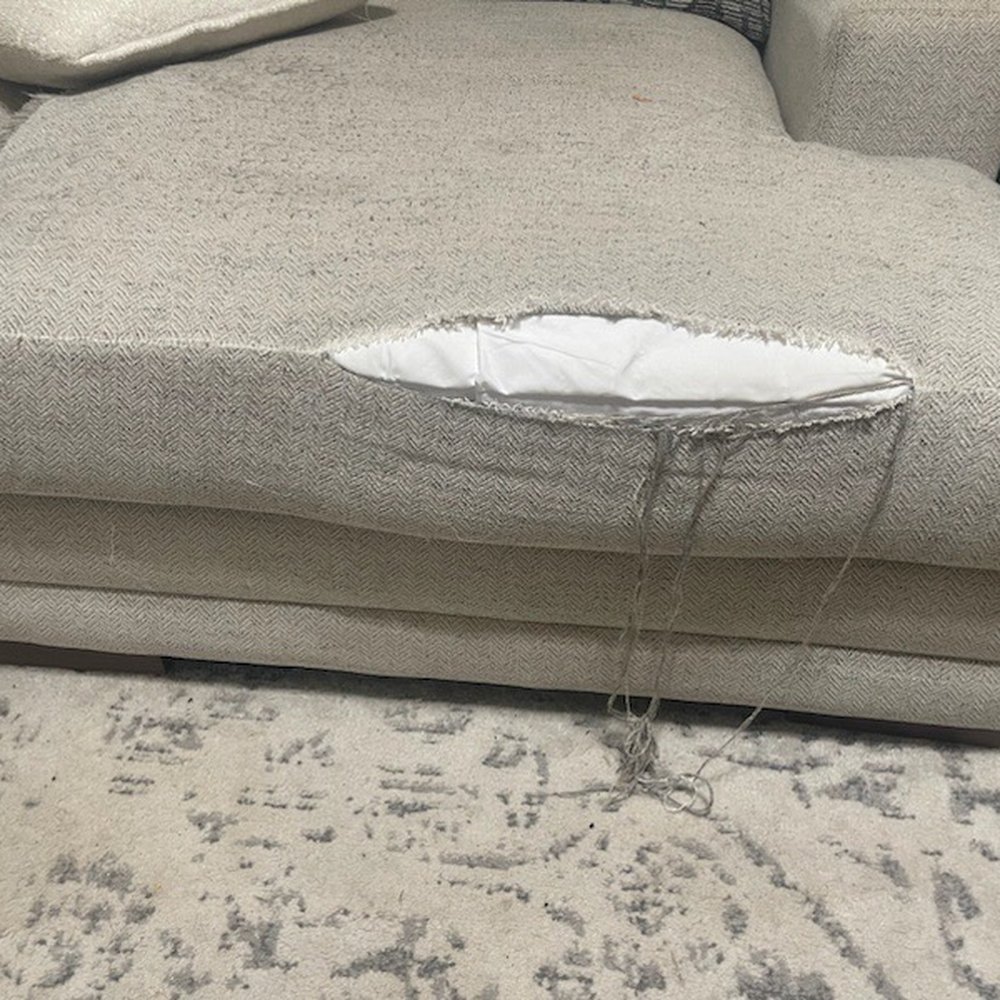 Living Spaces - Each photo show cases each and every cushion separating at the seam - Furniture Stores Near Me - Schertz, Texas
