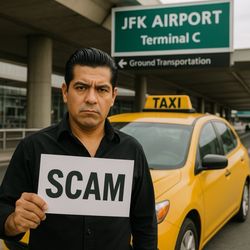 NYC Taxi & Limo Transportation - A stern-faced man with slicked-back hair stands in front of a yellow taxi at JFK Airport Terminal C, holding a sign that reads "SCAM."