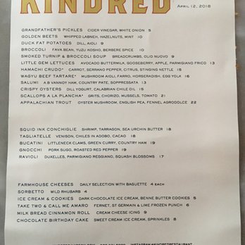 Kindred Restaurant - The dinner menu for 12 April. - New American Near Me - Davidson, North Carolina