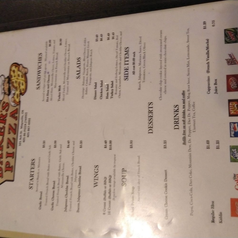 Baker's Pizza - Menu front - Pizza Near Me - Maysville, Oklahoma Baker's Pizza - Menu front - Pizza Near Me - Maysville, Oklahoma