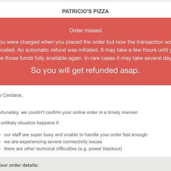 Patricio's Pizza - Failed Order Message - Pizza Near Me - Orcutt, California