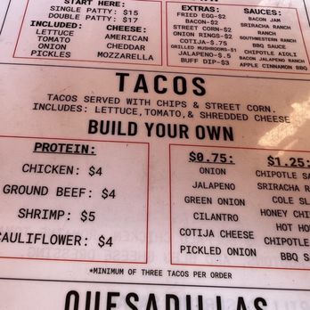 Wing-itz - Lot of toppings. - A menu section displaying taco options, including build-your-own choices with various proteins and toppings, at a casual dining restaurant. - Chicken Wings Near Me - Hampton, New Hampshire