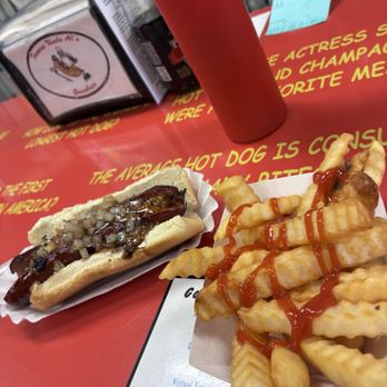 Famous Uncle Al's - 1/4 pound hot sausage, chili, grilled onions.  Fries - Hot Dogs Near Me - Chesapeake, Virginia