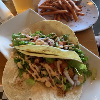 Two Guys Grille - Fried shrimp tacos with sweet potato fries with a brown sugar butter dipping sauce - good! - American Near Me - Wilmington, North Carolina Two Guys Grille - Fried shrimp tacos with sweet potato fries with a brown sugar butter dipping sauce - good! - American Near Me - Wilmington, North Carolina