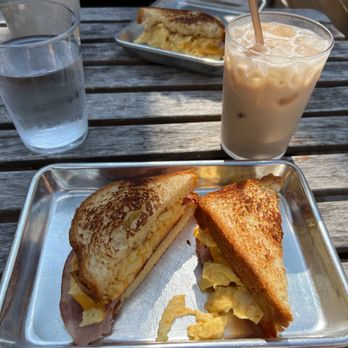 Brass Tacks - breakfast hammich with caramel apple chai - Coffee & Tea Near Me - Houston, Texas